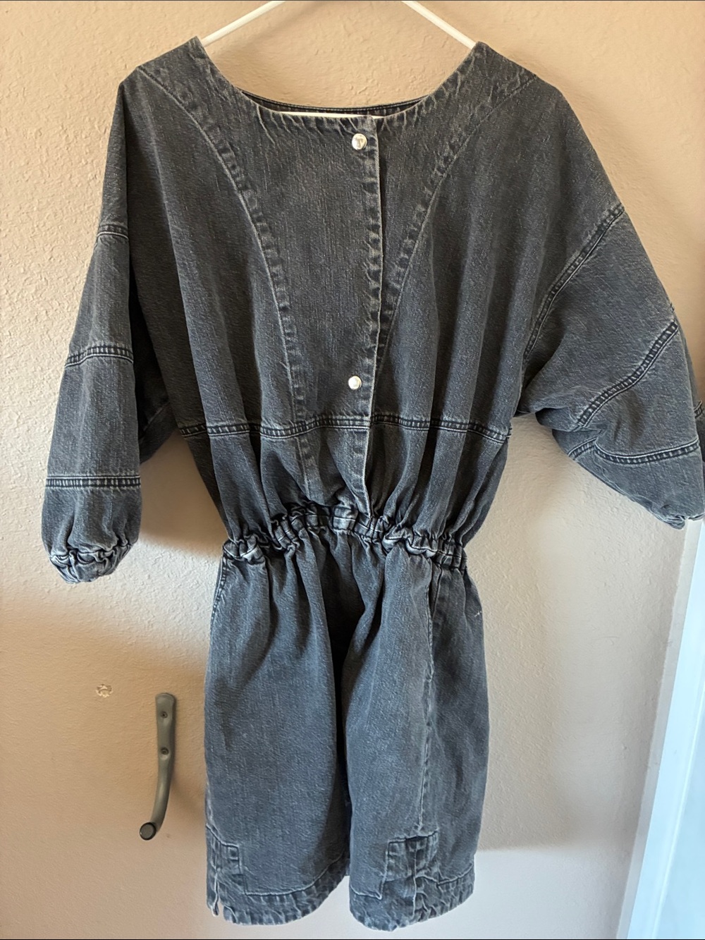 Rachel Comey Washed Black Denim Drawstring Waist Romper